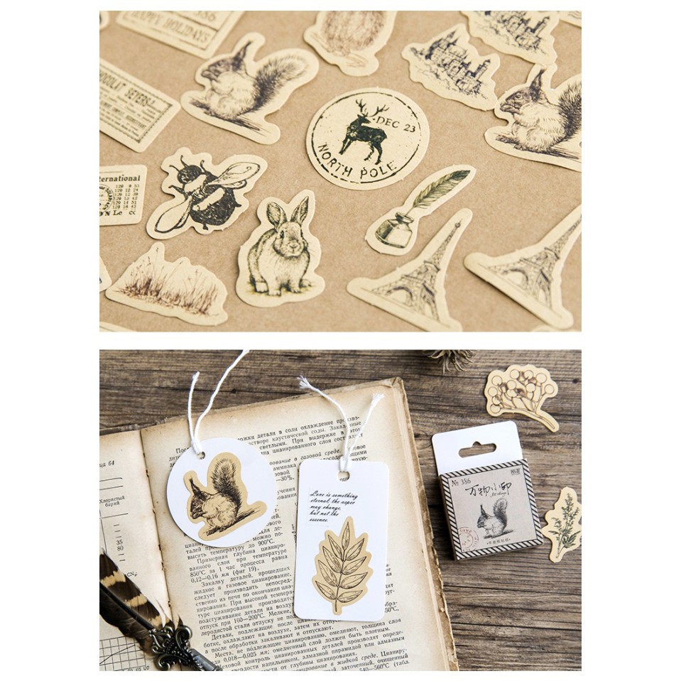 Bộ 46 Sticker Vintage đen trắng nền màu kraft ST03 VPPTUEMINH, hình dán trang trí bullet journal Tuệ Minh