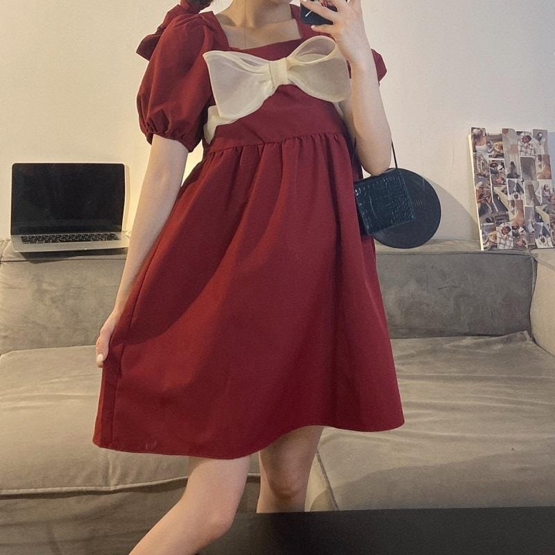 Đầm Tay Ngắn Phồng Cổ Vuông Thắt Nơ Phong Cách Pháp Cổ Điển Mới Dành Cho Bạn Nữ