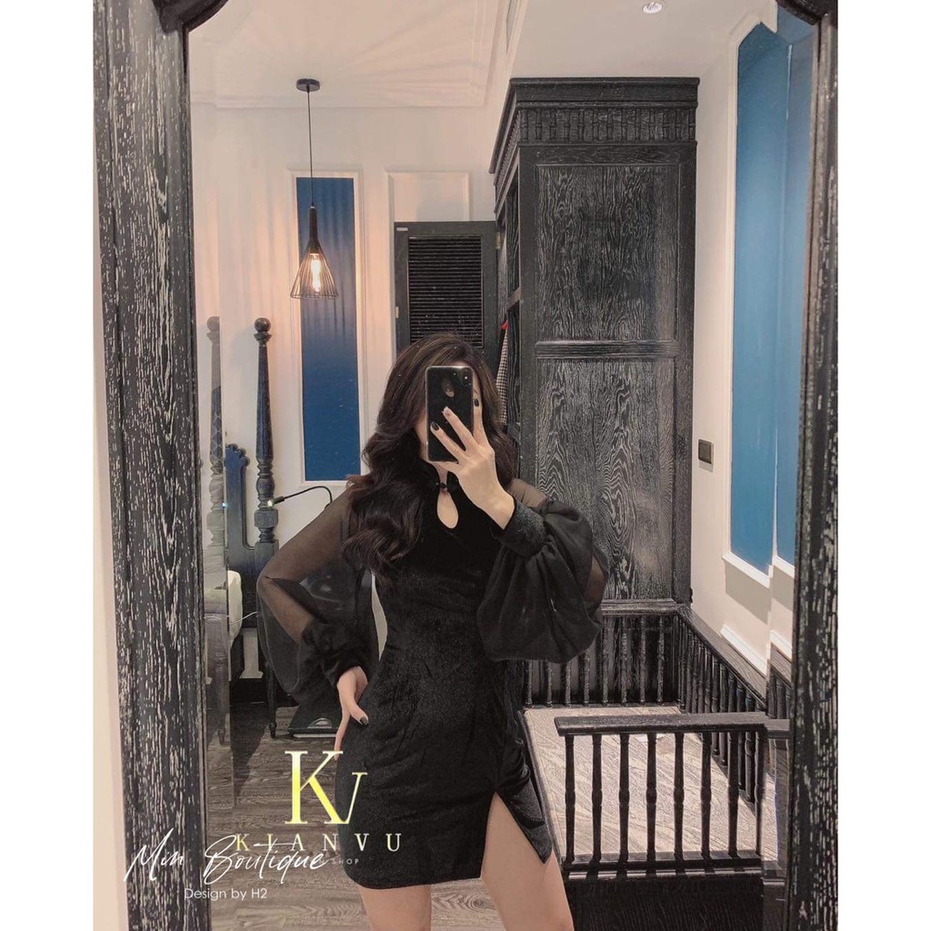 ĐẦM NHUNG CỔ TÀU PHỐI TAY LƯỚI XẺ TÀ