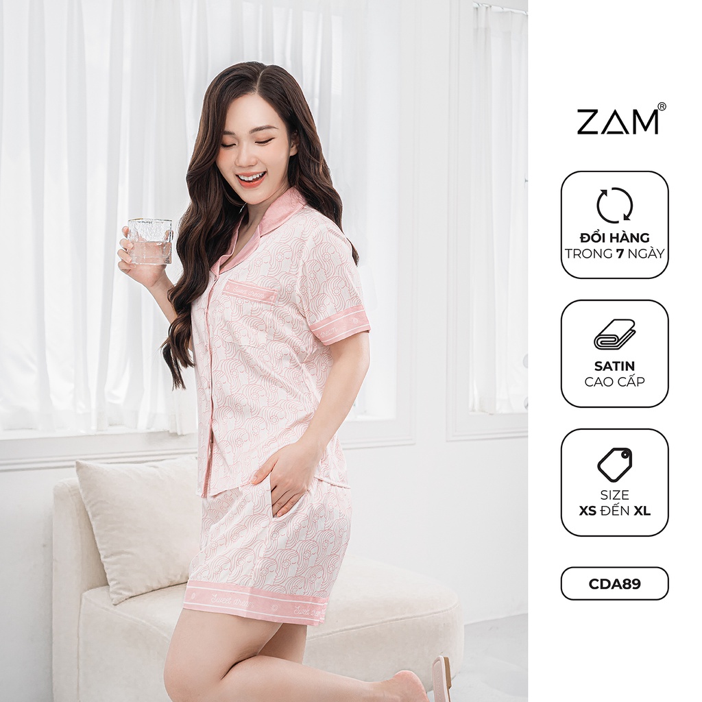 Bộ ngủ satin ZAM Luxury - CDA89 - áo ngắn tay quần đùi hoạ tiết