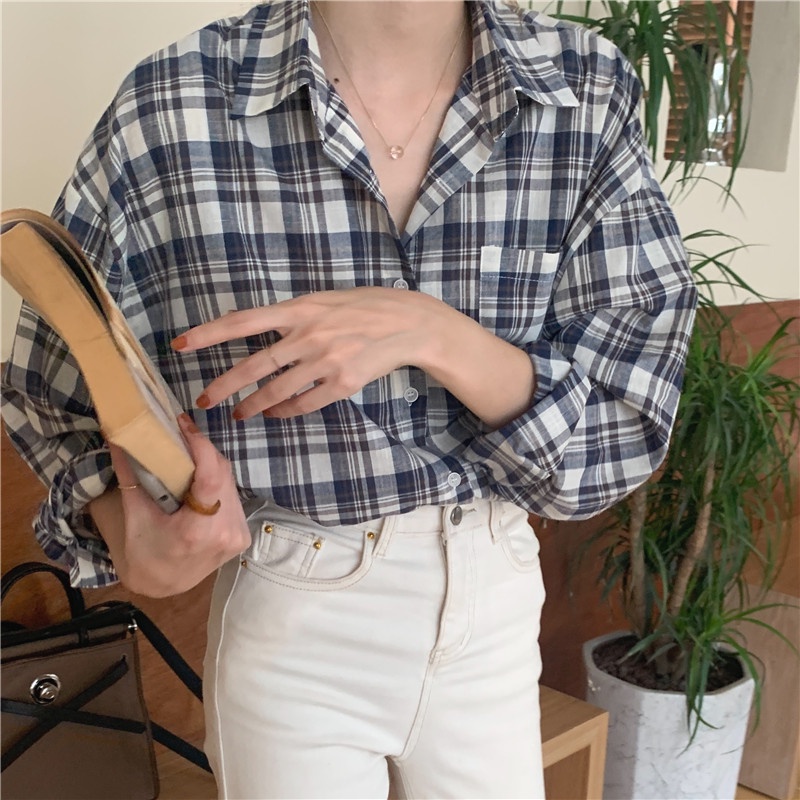 SUXI Áo Sơ Mi Tay Dài Form Rộng Họa Tiết Sọc Caro Phong Cách Retro Hàn Quốc
