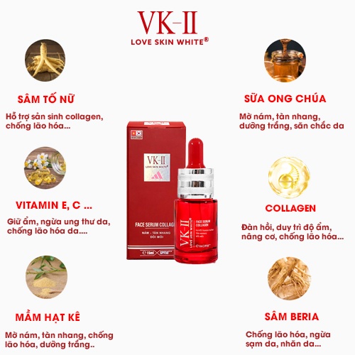 Tinh chất dưỡng da mờ nám, tàn nhang, đồi mồi VK-II Love Skin White Face Serum Collagen 15ml