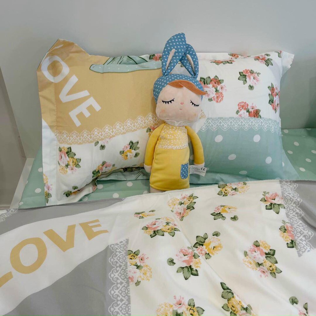Bộ chăn ga gối Poly Cotton Hoa love xanh (Tặng vỏ gối ôm) - Miễn phí bo chun mọi kích thước