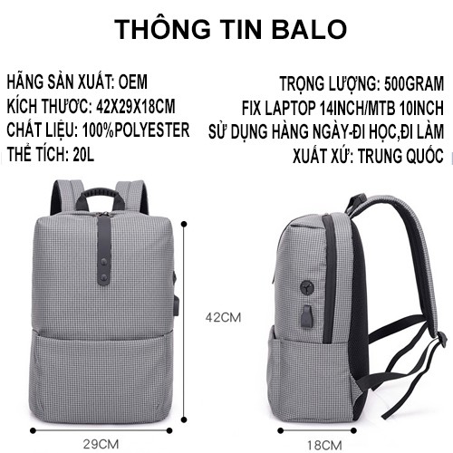 Balo laptop thời trang công nghệ cổng sạc USB