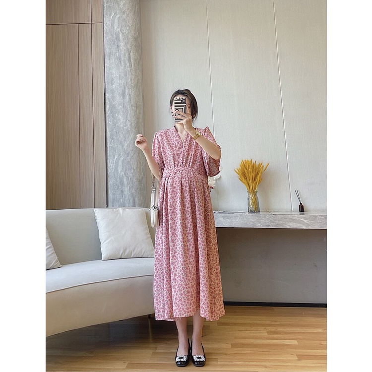Váy đầm bầu hoa nhí hồng cổ v thiết kế công sở, dự tiệc cho mẹ bầu phong cách hàn quốc sang trọng lịch sự mới mùa hè