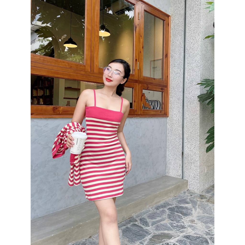 Set đầm sọc Visa kèm khoác ngoài trẻ trung cá tính DS96