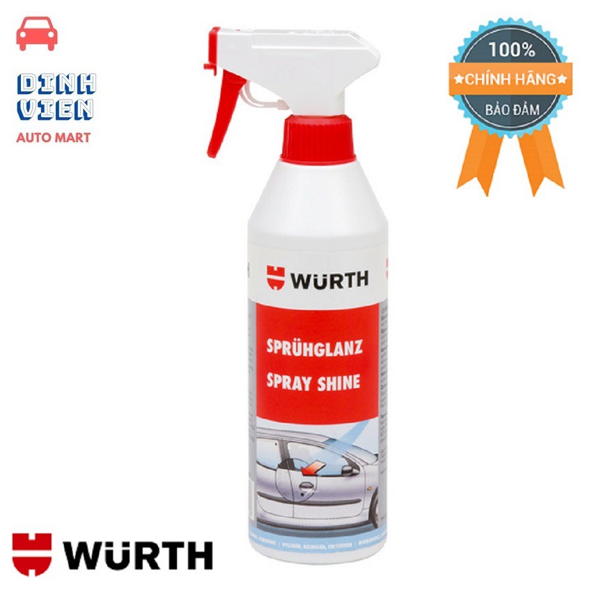 Xịt bóng sơn nhanh Wurth Spray Shine 500ml 893011500 Cho chiếc xe mới , xe đã qua sử dụng có độ bóng cao trong vài phút.