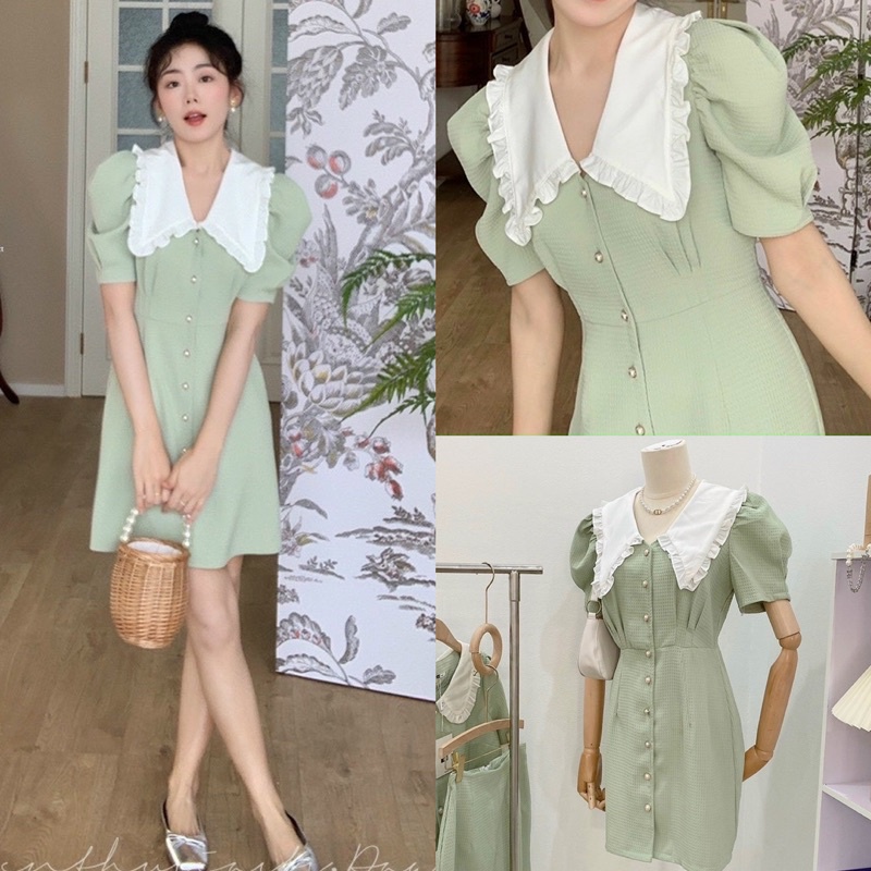 Đầm xốp màu mint phối cổ trắng (Freesize)