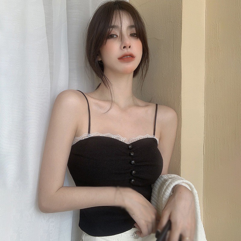 Áo Croptop Dệt Kim Phối Ren Hoa Thiết Kế Màu Trơn Thanh Lịch