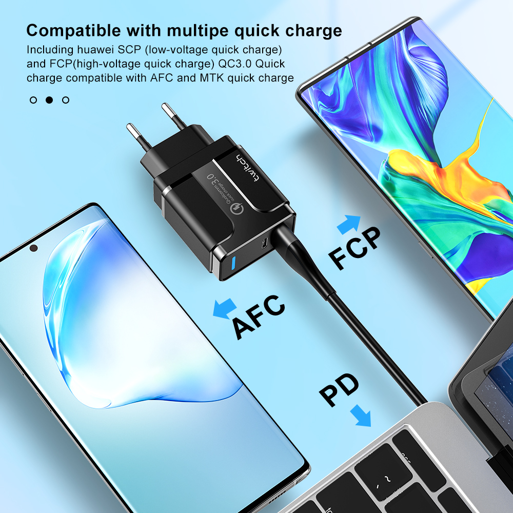 Củ sạc nhanh Twitch Q.C 3.0 cổng USB Type C PD với phích cắm Eu/Us tùy chọn cho Samsung Iphone Huawei Tablet