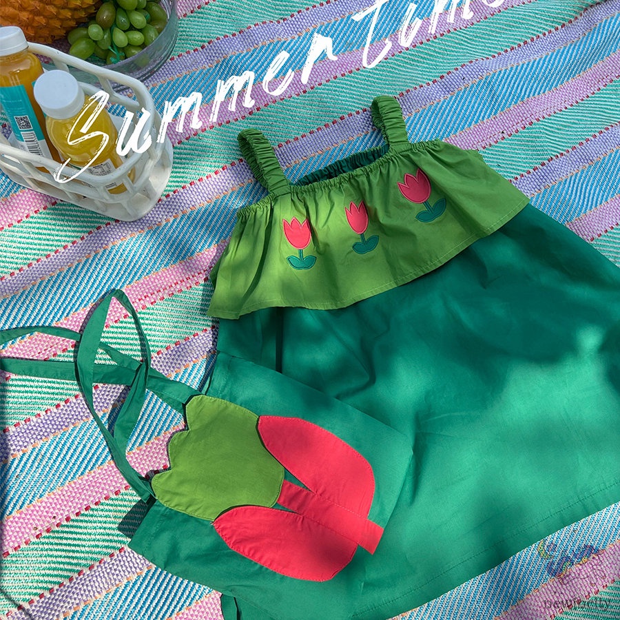 Đầm Hai Dây In Hoa Phong Cách Hàn Quốc Cho Bé Gái