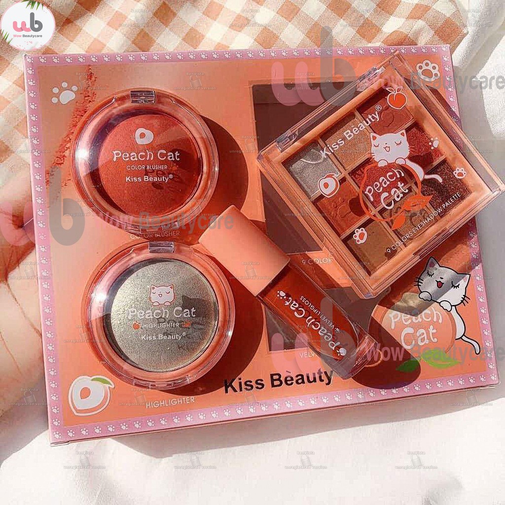Set makeup Peach Cat họa tiết hình Mèo [Chính hãng] của KissBeauty gồm 04 món trang điểm rất Xinh và dễ thương.