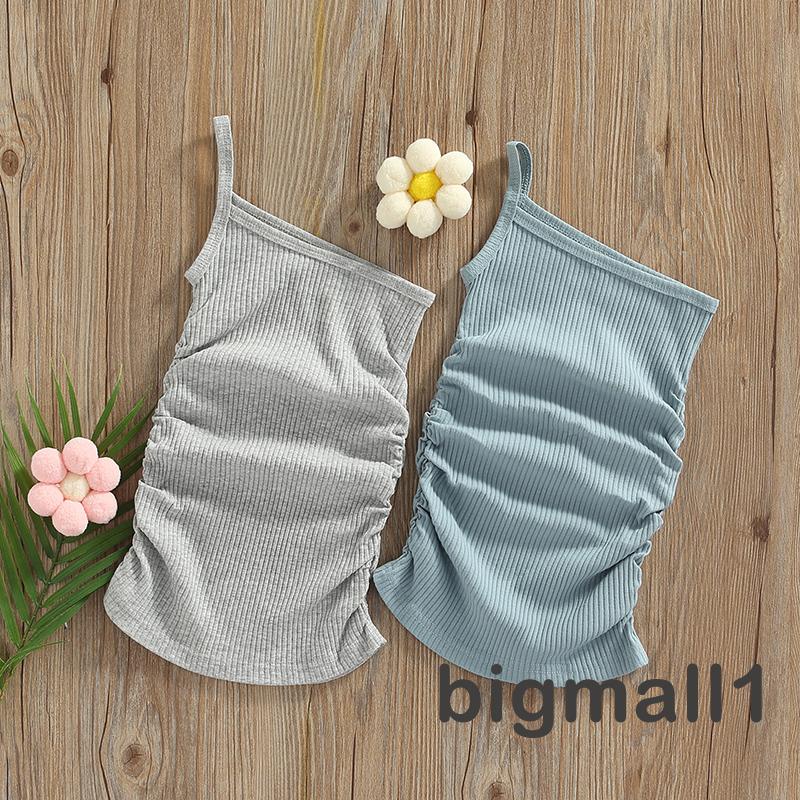 BIGMALL-1-6years Baby Girls Casual Dress Solid Color Ribbed Sleeveless Sling One Shoulder Summer Beach Dress