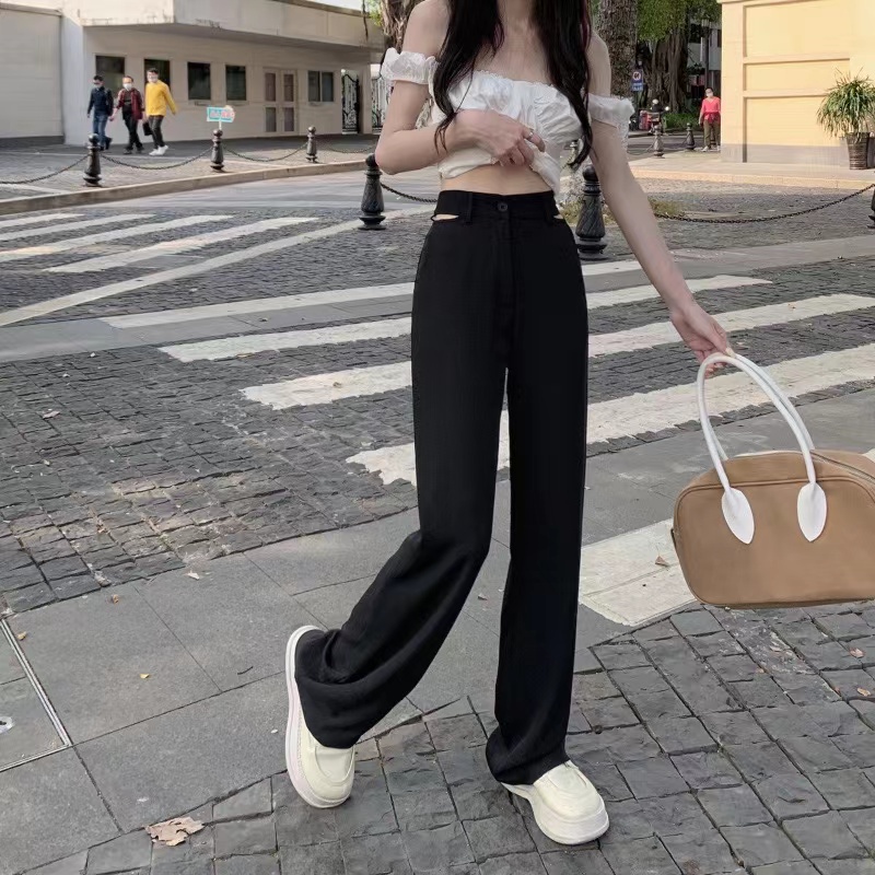 SUXI Quần ống rộng Màu Sắc Đơn Giản Phong Cách Vintage Cho Nữ