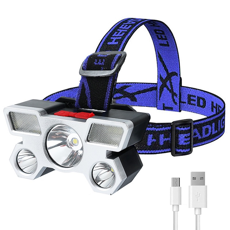 Đèn led đeo đầu 5 bóng mạnh kèm pin sạc USB chống thấm nước tiện dụng mang theo du lịch dã ngoại