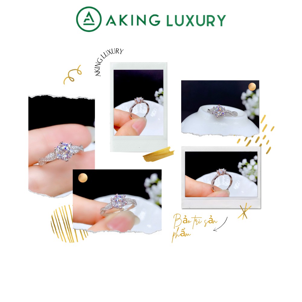 Nhẫn bạc nữ  AKING LUXURY AK30 cao cấp, Nhẫn nữ 2 hàng đá xoắn lại với nhau tôn lên viên đá chủ tạo  nữ tính sang trọng