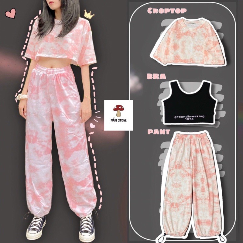 Set áo croptop  loang màu + bra đen + quần jogger dài loang màu ống rộng dây rút - Set bộ thể thao 3 món