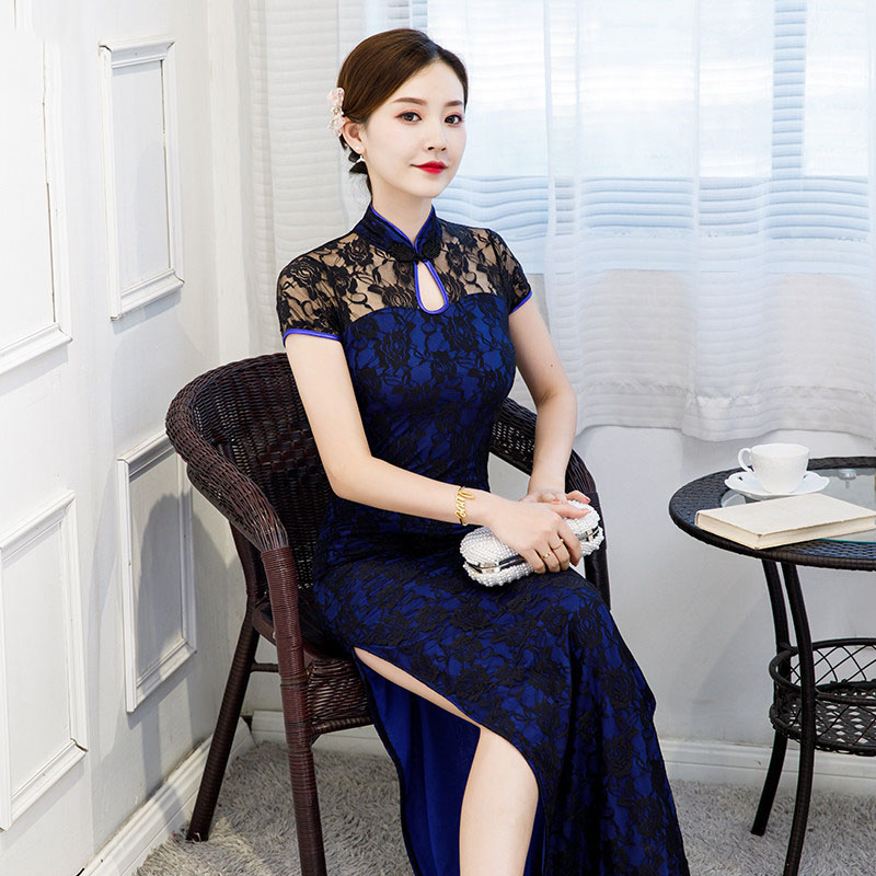 Trational Women Cheongsam Short-sleeve Vintage Long Dress Costumes Elegant Plus Size Dresses S To 5XL Black Red