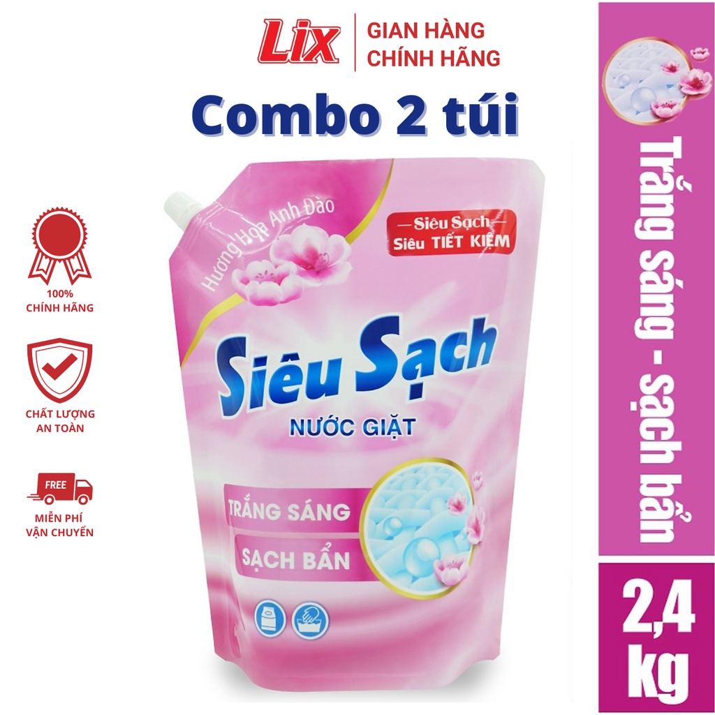 Combo 2 túi nước giặt Lix Siêu Sạch Hoa Anh Đào dung tích 2.4kg/túi, 2C-N2502 - Lixco Việt Nam