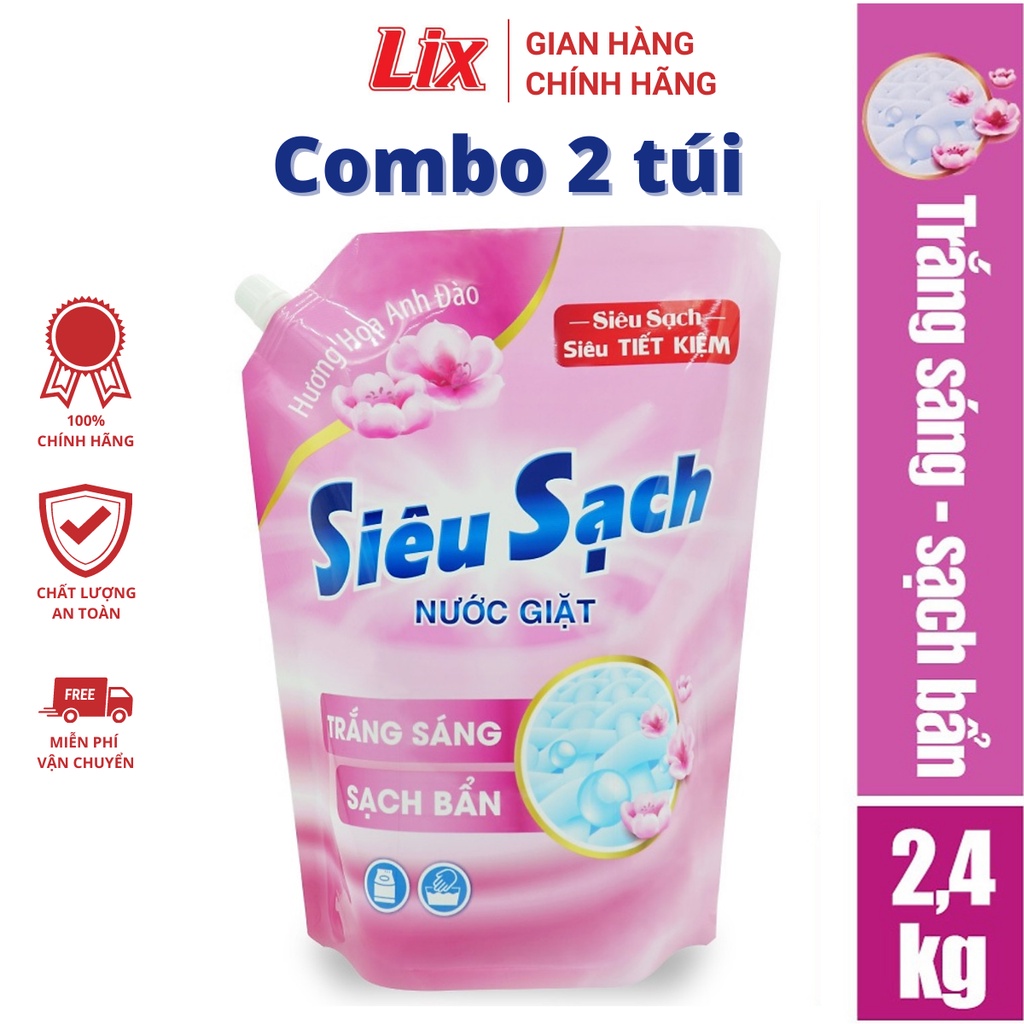 Combo 2 túi nước giặt Lix Siêu Sạch Hoa Anh Đào dung tích 2.4kg túi