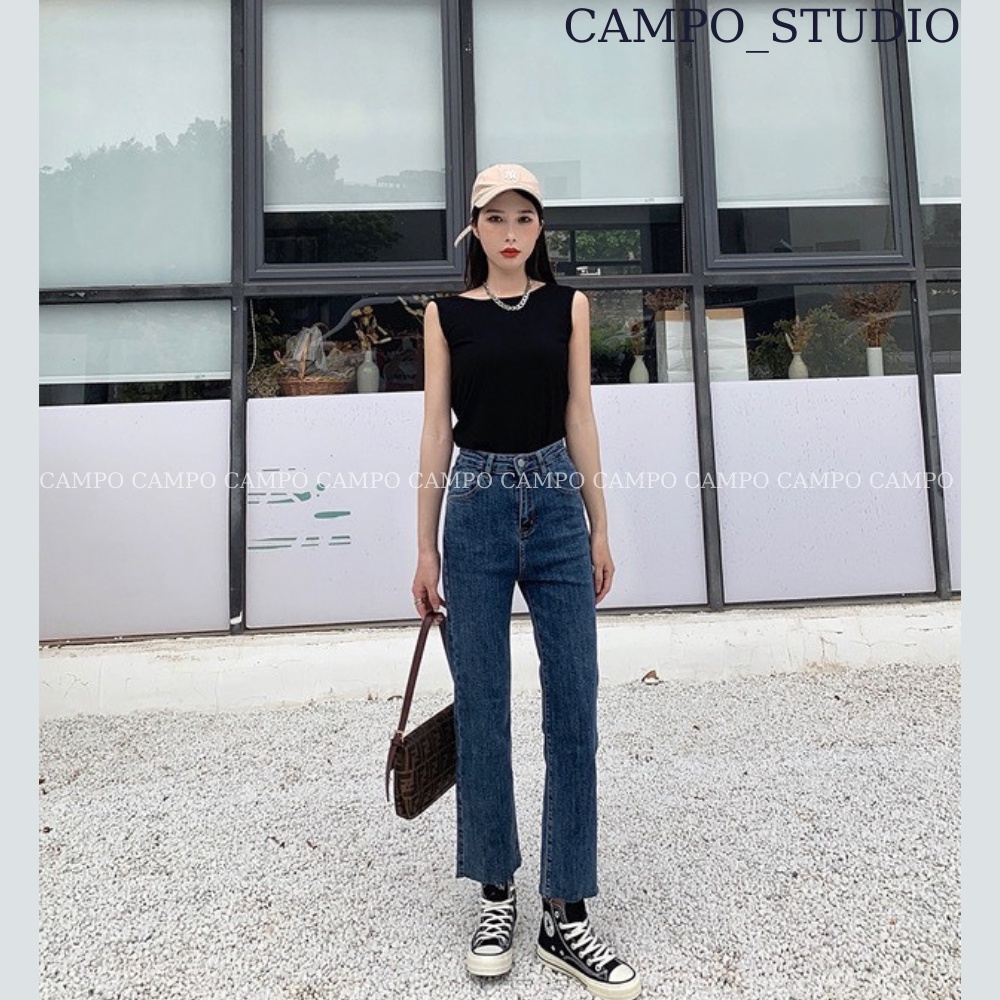 Quần bò ống đứng cắt gấu xanh đậm CAMPO quần jeans co giãn nâng mông hàn quốc