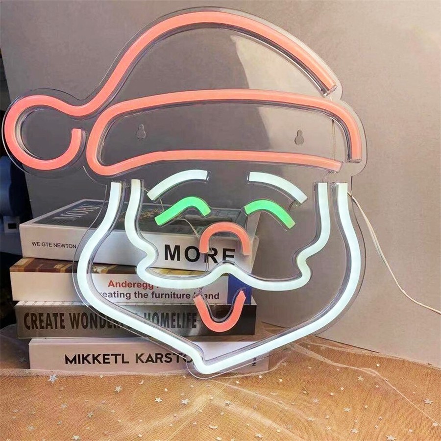 Đèn neon trang trí giáng sinh, Neon hình ông già noen màu trắng và đỏ, Thiết kế theo yêu cầu.
