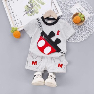 Bộ thun cotton bé trai màu xám có kèm túi đeo