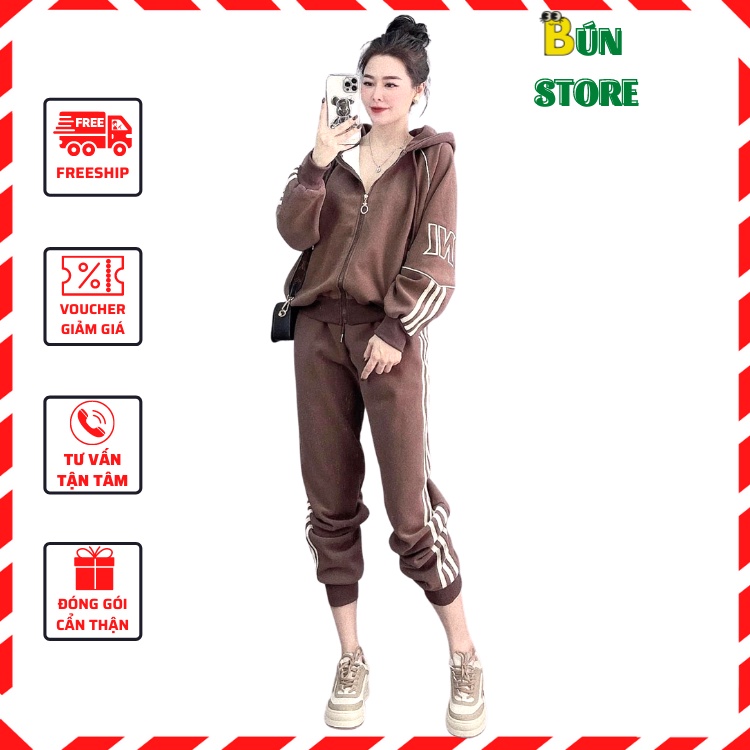 Bộ nỉ nữ thu đông áo có mũ, quần ống bo