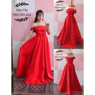 (free chỉnh sửa váy) Dạ hội cưới phi đỏ trễ vai váy xòe, đầm đính hôn đỏ trễ vai