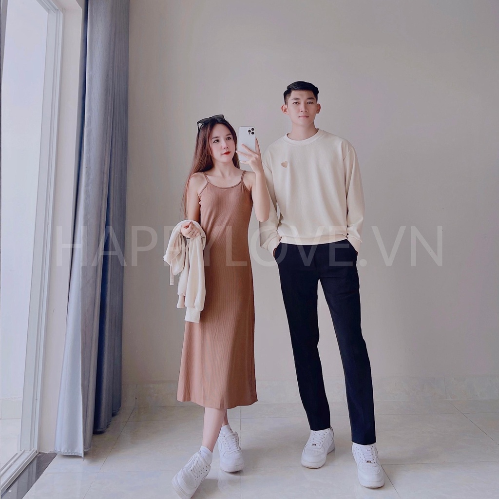 Set Đồ Đôi Couple Áo nam Váy nữ màu Be Kem thêu hình Trái tim Quảng Châu cao cấp cho các Cặp đôi nam nữ HAPPYLOVE H33