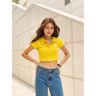 [Có Video Ảnh thật ] Áo Croptop 5 Nut Cổ Bẻ Thêu Cúc