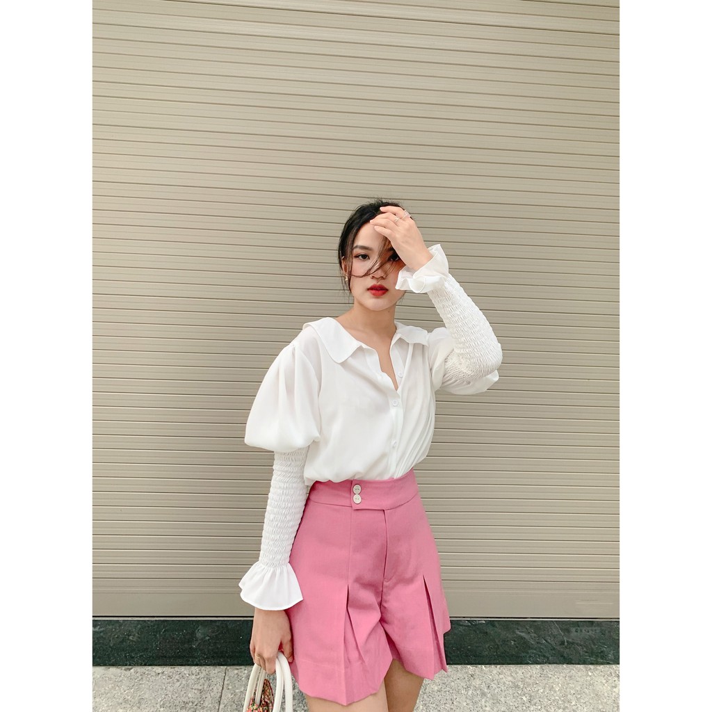 Quần shorts HEYBEE lưng cao, tà xếp ly loe màu hồng siêu xinh - GEORGIA SHORTS HT643