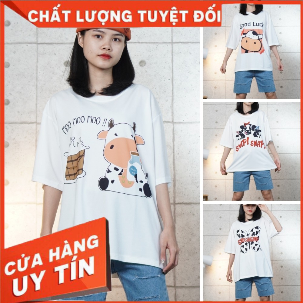 Áo thun tay lỡ họa tiết Bò Sữa nhiều mẫu siêu Hot, form unisex cho nam và nữ - AT04 - Hàng loại đẹp