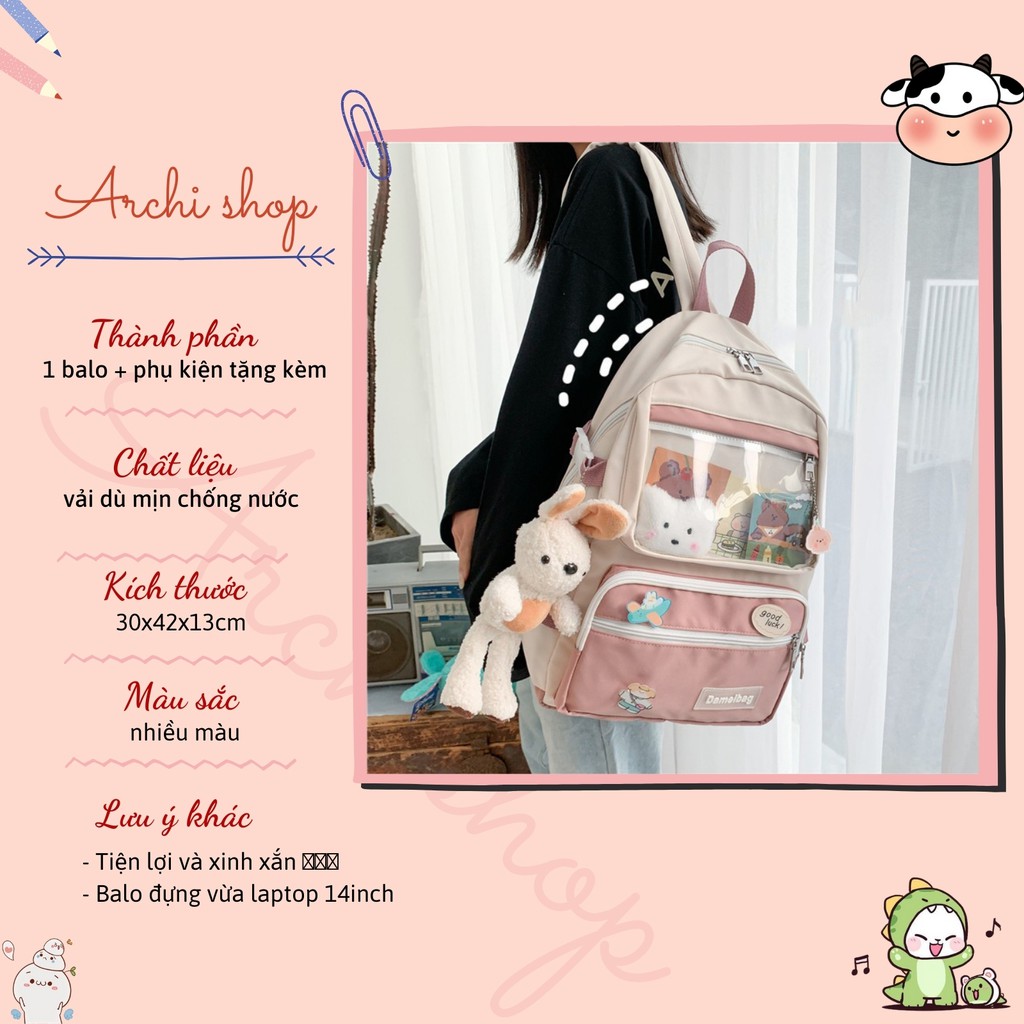 Balo ulzzang cao cấp kiểu dáng thời trang Dame Good luck ( tặng kèm sticker )