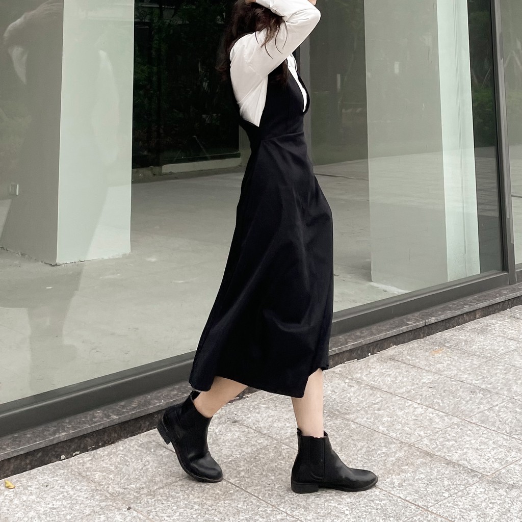 Set váy yếm kaki kèm áo sơ mi dài tay phong cách thanh lịch | BigBuy360 - bigbuy360.vn