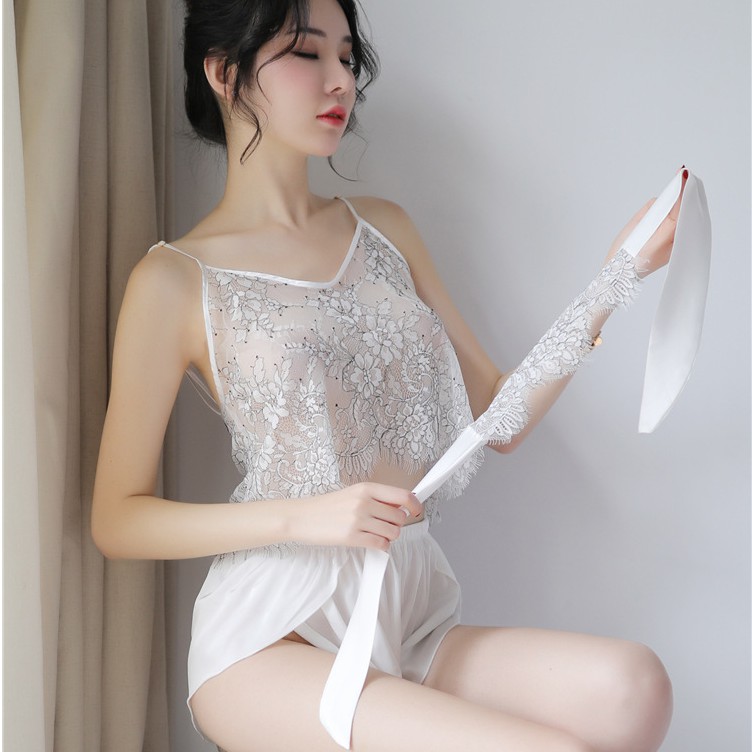 Set đồ ngủ Cao cấp Lụa mix ren Trắng Tinh khôi L356 | BigBuy360 - bigbuy360.vn