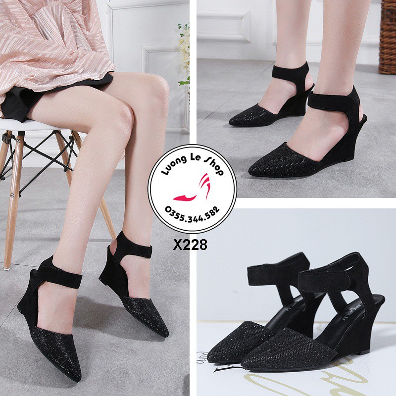 Sandal đế xuồng 9cm mũi nhọn da lộn phối màu quai vòng cổ chân  6 màu đen  nhũ đen nhũ vàng nhũ bạc ms X228