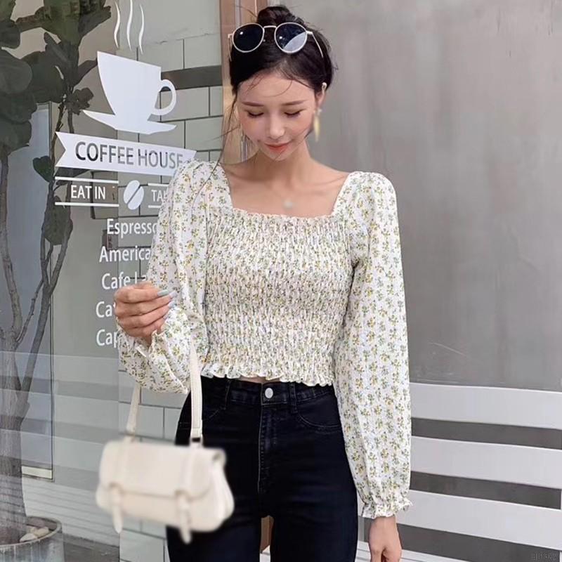Áo Sơ Mi Tay Dài Cổ Vuông Họa Tiết Hoa Xinh Xắn Phong Cách Hàn Quốc