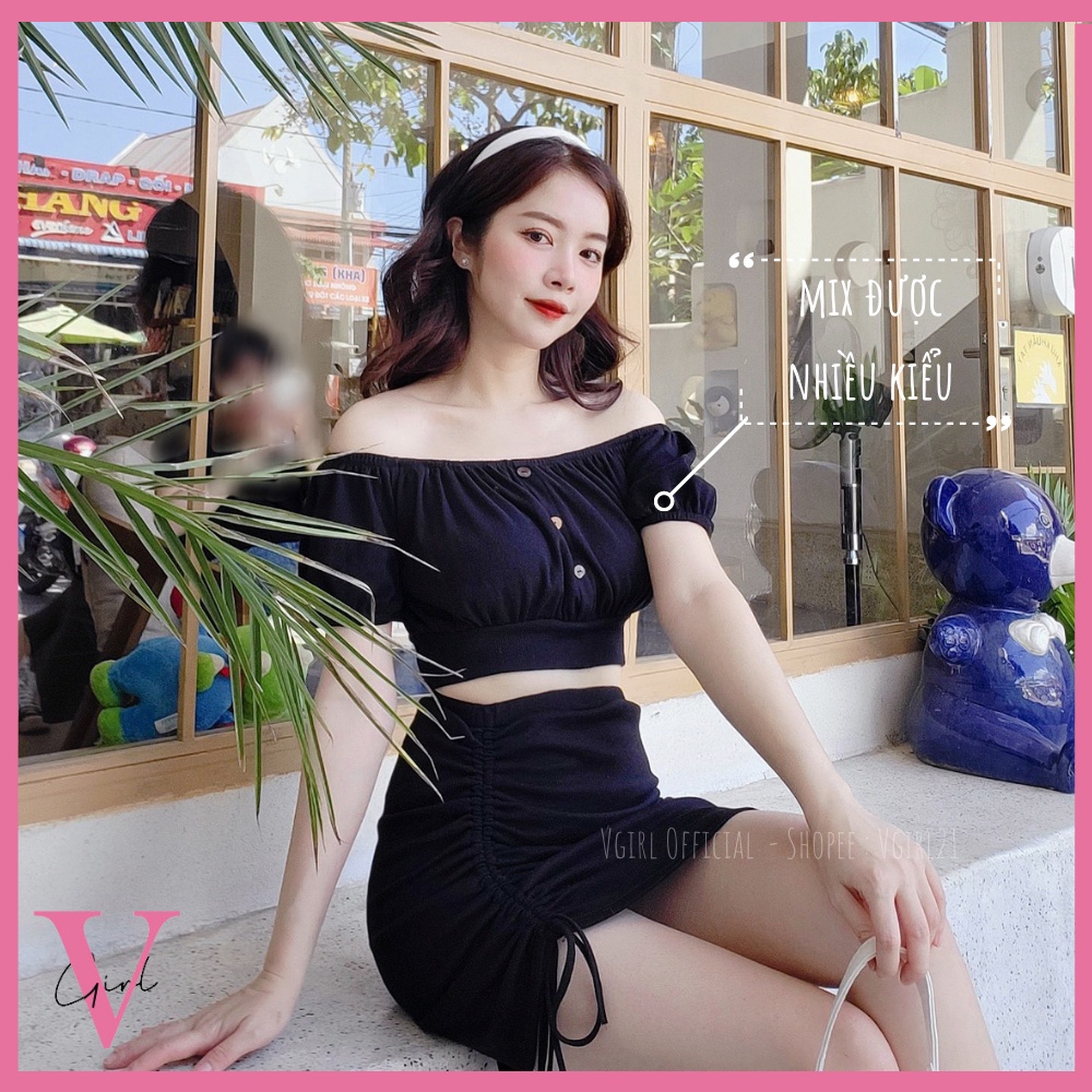 Áo croptop trễ vai VGIRL thân chun phối nút gỗ mặc được 2 kiểu [ẢNH ĐỘC QUYỀN]