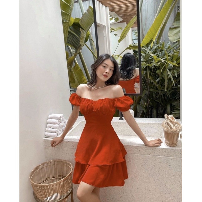 Đầm xoè trễ vai BlaPink nhún ngực hai lớp phù hợp đi chơi, đi dạo phố tiệc cưới - Mysa Dress T214