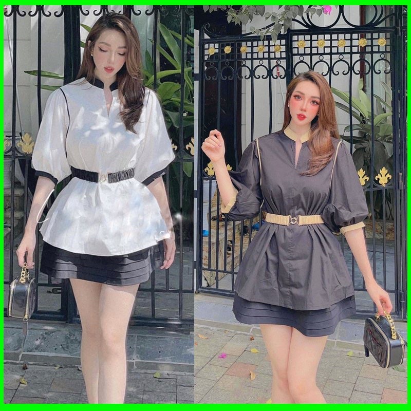 Áo sơ mi kiểu phối kèm dây eo 2 màu Trắng Đen đi làm ,dạo phố xinh xắn -Thời Trang VADA (phối ) | BigBuy360 - bigbuy360.vn