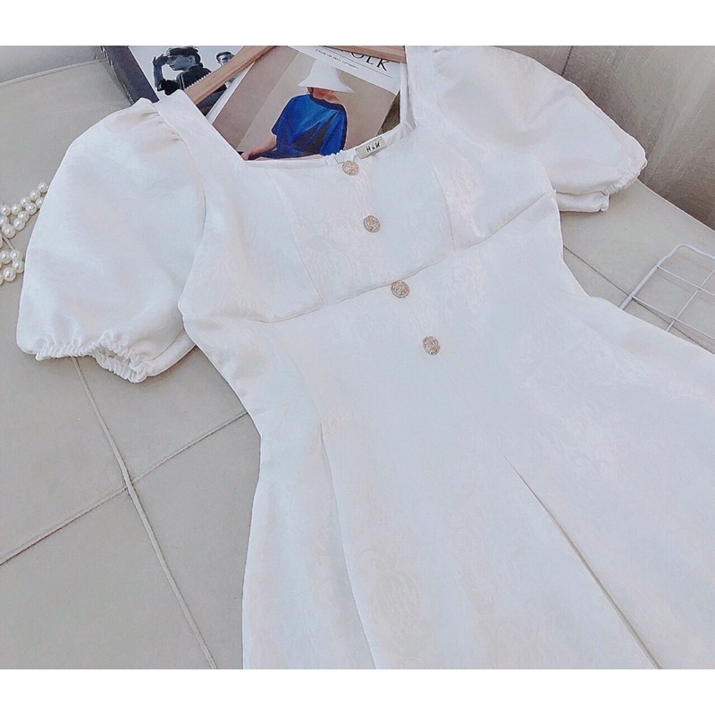 Hàng TK - Đầm gấm xoè tay phồng đính nút - đầm váy dài đi chơi dự tiệc sang trọng thanh lịch - hình sàn chụp thật