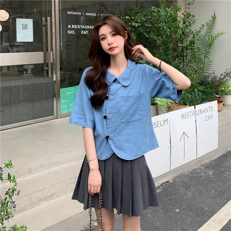 Áo Sơ Mi denim Tay Ngắn Dáng Rộng Phong Cách Hàn Quốc Cổ Điển Thời Trang Cho Nữ