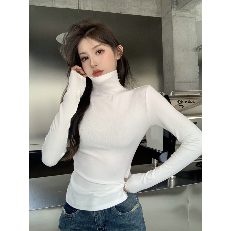 Áo Thun Tay Dài Cổ Lọ Màu Trơn Dáng Ôm Thời Trang Dành Cho Nữ