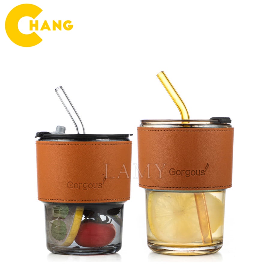 Cốc Thuỷ Tinh Vỏ Da Có Nắp Và Ống Hút, Ly Uống Nước Đẹp Dung Tích 420 và 450ml Chất Liệu Thuỷ Tinh Dày Dặn An Toàn