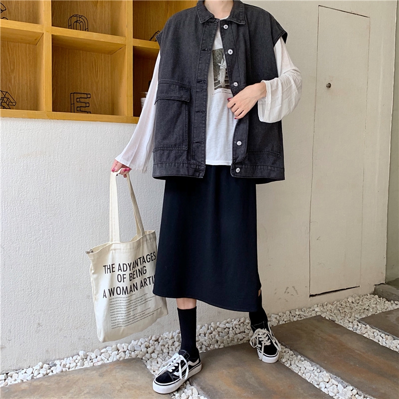 Áo Khoác Denim Không Tay Dáng Rộng Phong Cách Retro Hàn Quốc Cho Nữ