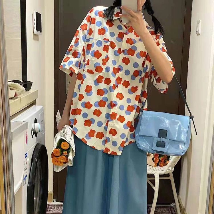 Áo Sơ Mi Vải Voan Tay Ngắn Dáng Rộng In Hoa Kiểu Hàn Quốc Xinh Xắn Cho Nữ
