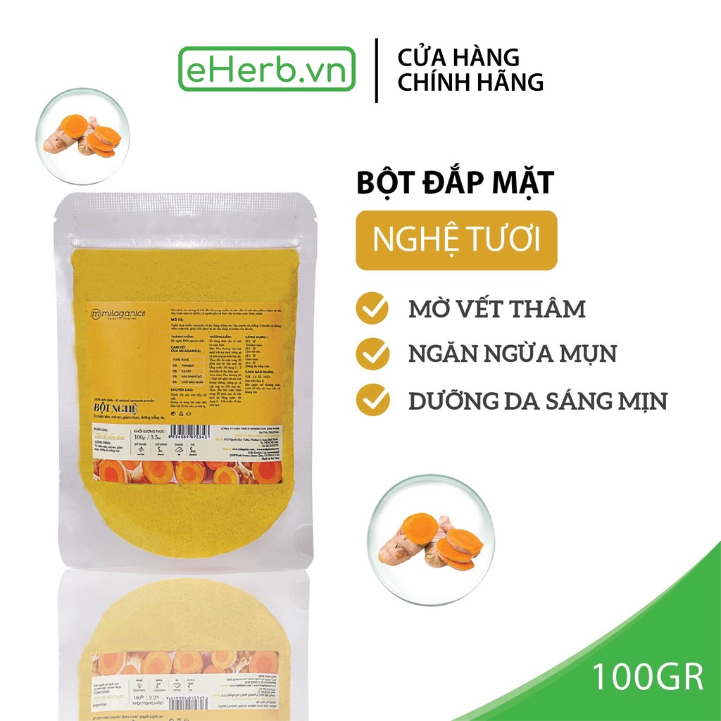 Bột nghệ nguyên chất đắp mặt nạ ngừa mụn, mờ sẹo MILAGANICS 100g (túi zip)