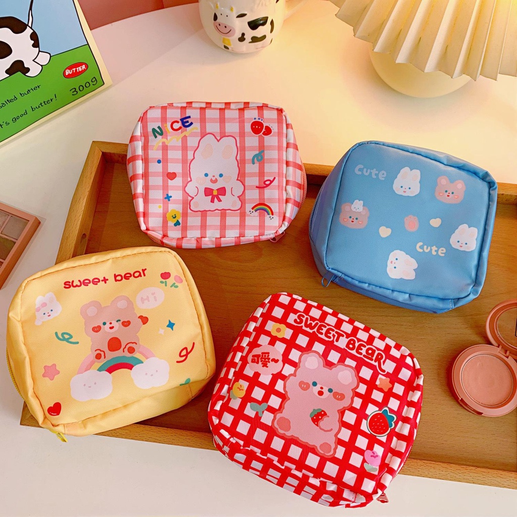 [Hàng mới về] Túi đựng mỹ phẩm/ tiền xu/ miếng lót vệ sinh/ khăn giấy kiểu dáng hoạt hình dễ thương phong cách Hàn Quốc