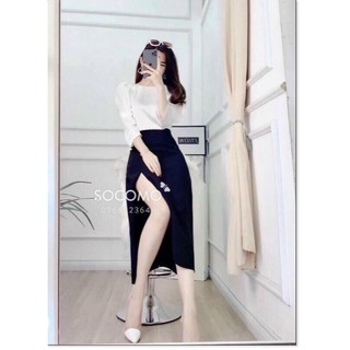 (BIG SALE) Set đầm công sở nữ áo trắng tay dài cổ tròn, chân váy xẻ tà sang chảnh, thích hợp để đi làm, đi chơi, lên for